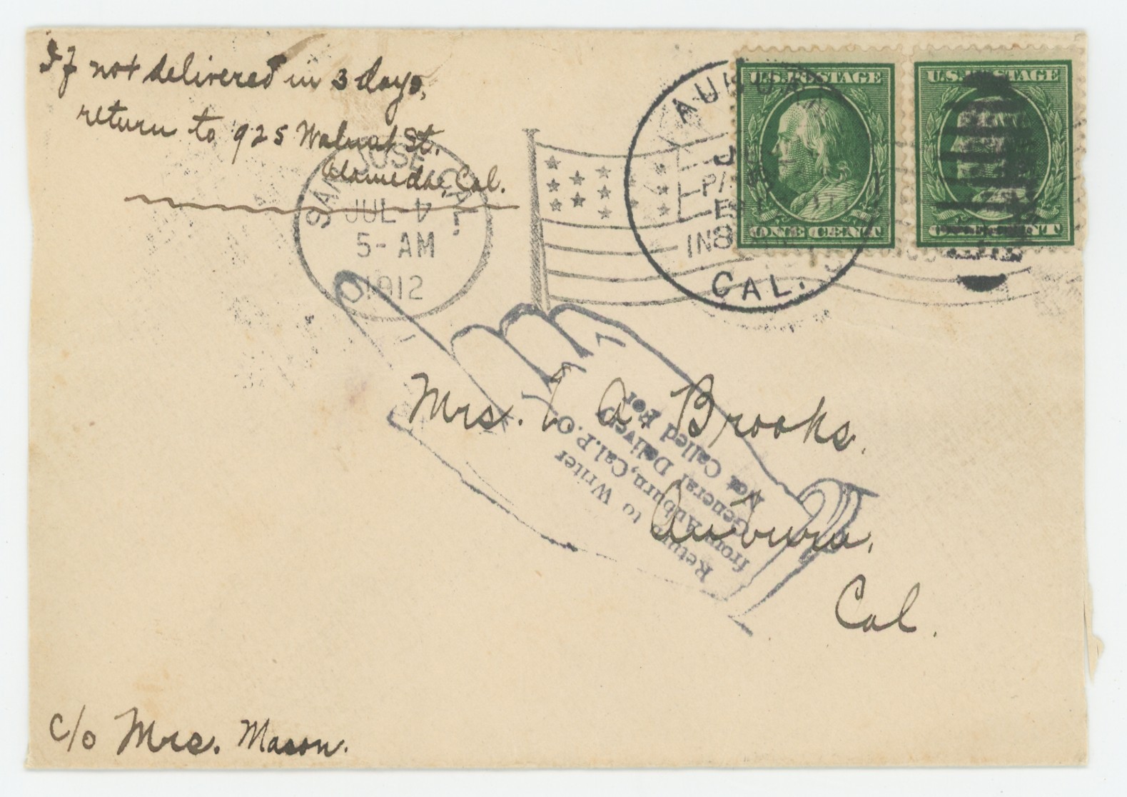 Return to Writer from Auburn, Cal. P.O.