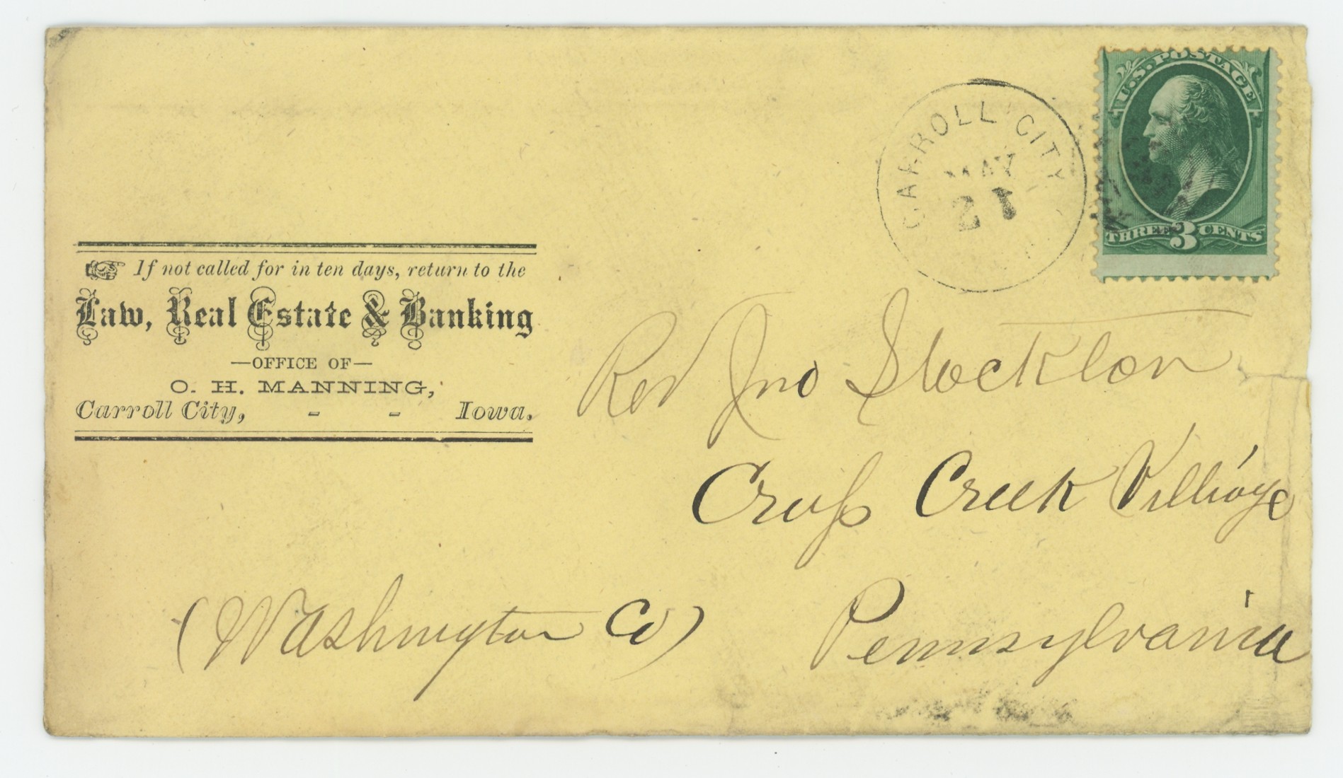 Office of C.H. Manning, Carroll City, Iowa w/ Enclosure, Excellent Content