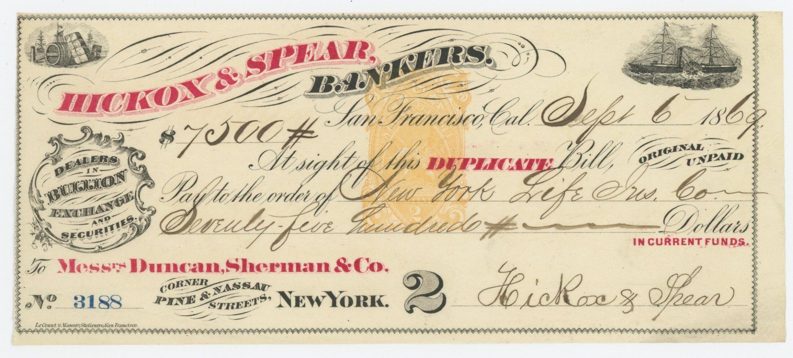 RN-B1 Hickcox & Spear, Bankers, Sight Draft