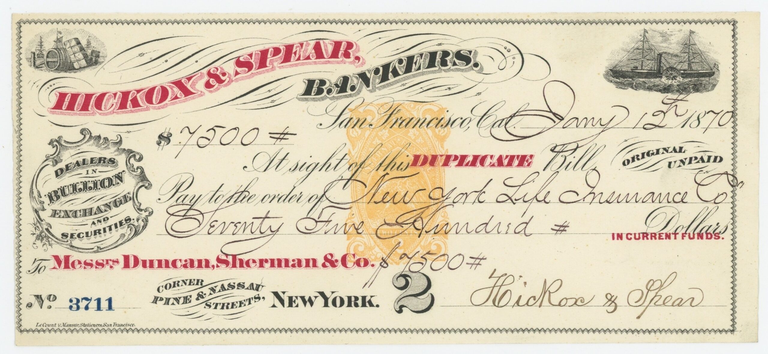 RN-B1 Hickcox & Spear, Bankers, Sight Draft