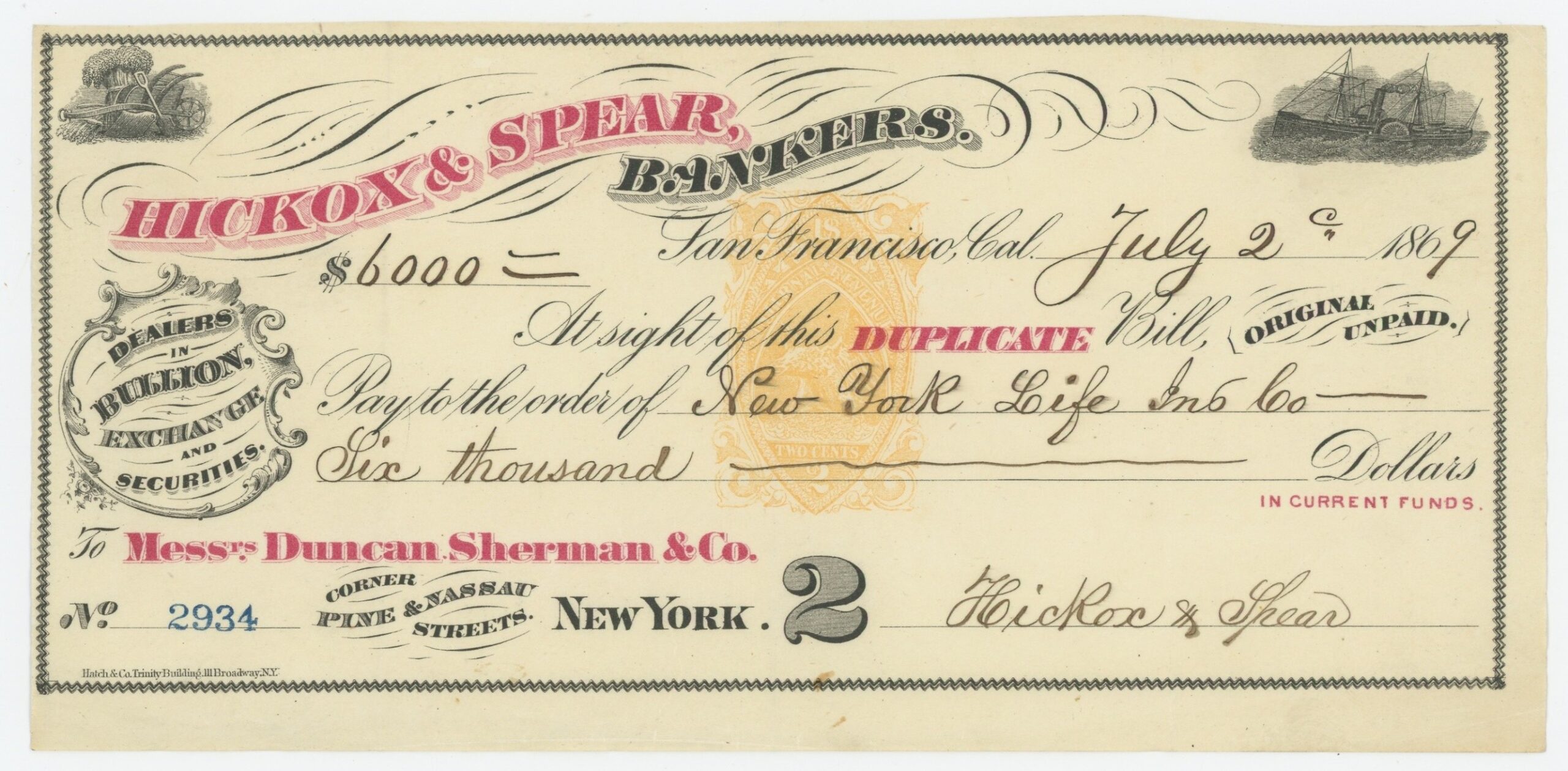RN-B1 Hickcox & Spear, Bankers, Sight Draft