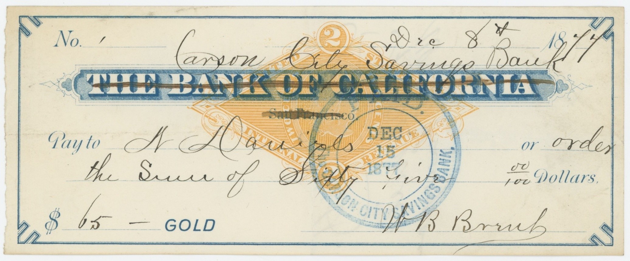 RN-G1 Carson City Savings Bank, Check No. 1