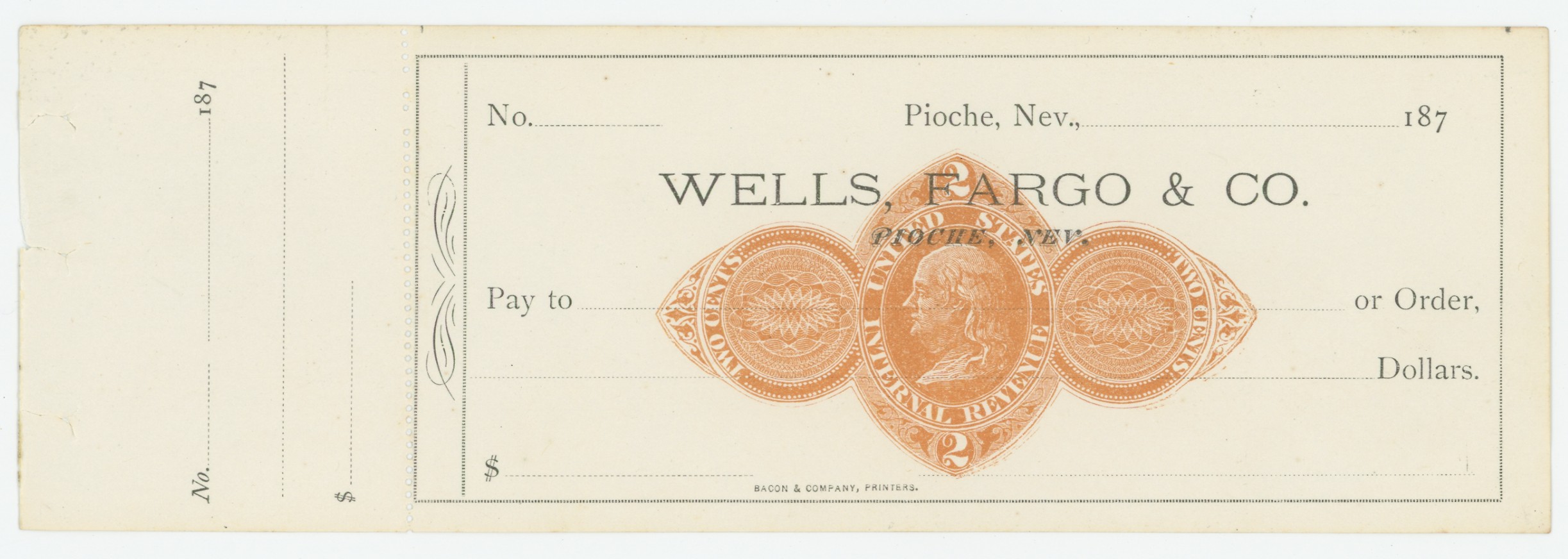 RN-D1 Wells, Fargo & Co. Unused Check Issued from Pioche, NV