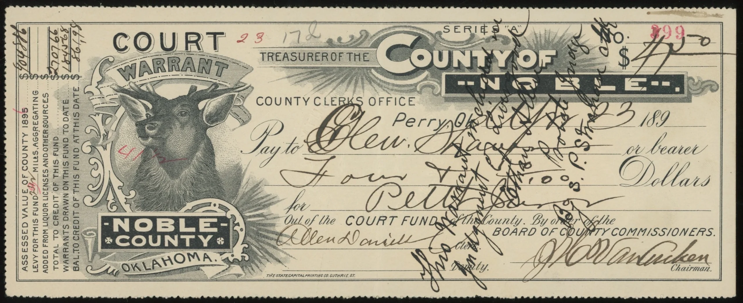 Court Warrant, County of Noble 1898