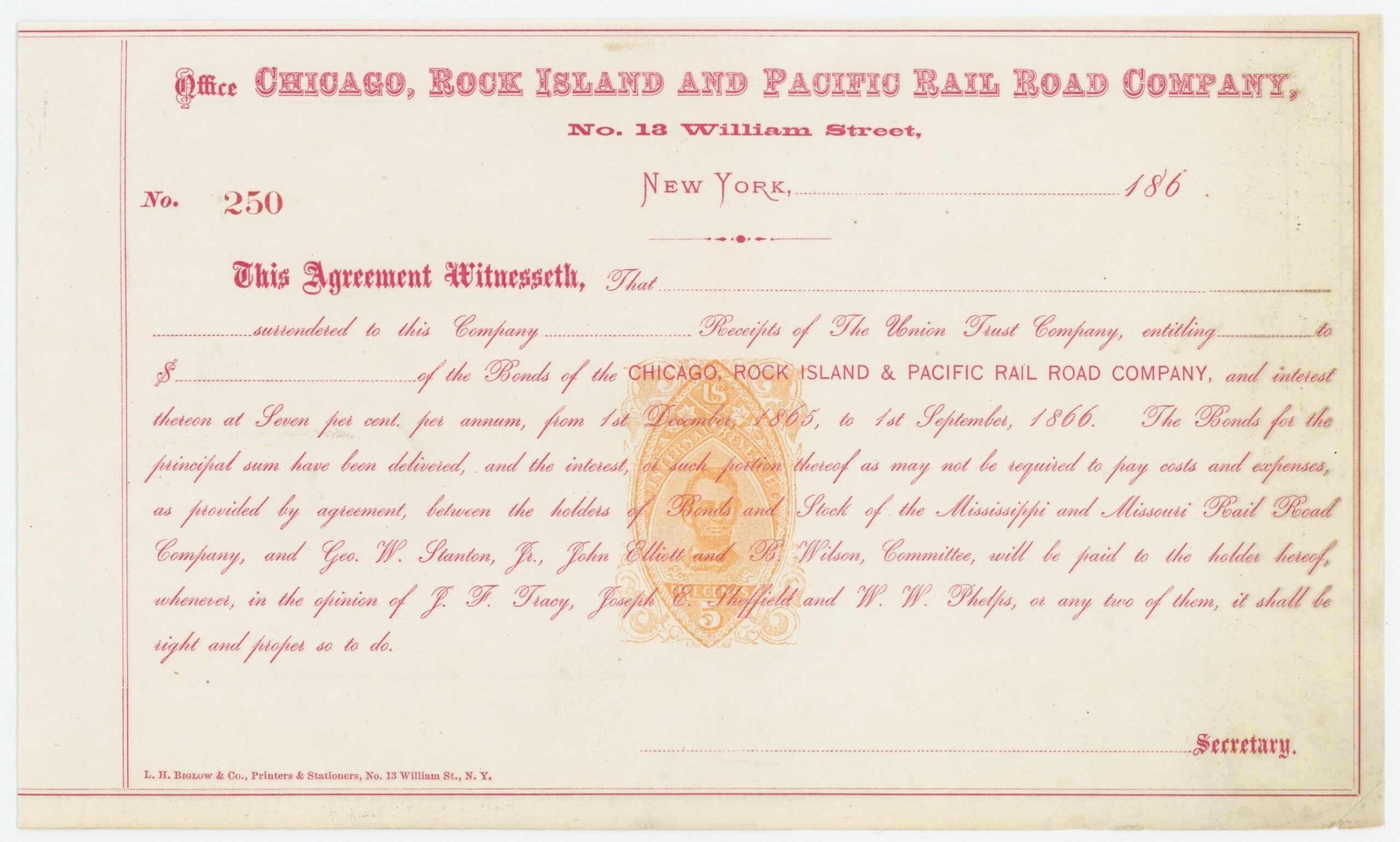 RN-P5 Chicago, Rock Island & Pacific Railroad Co. Bond (Red) Unused