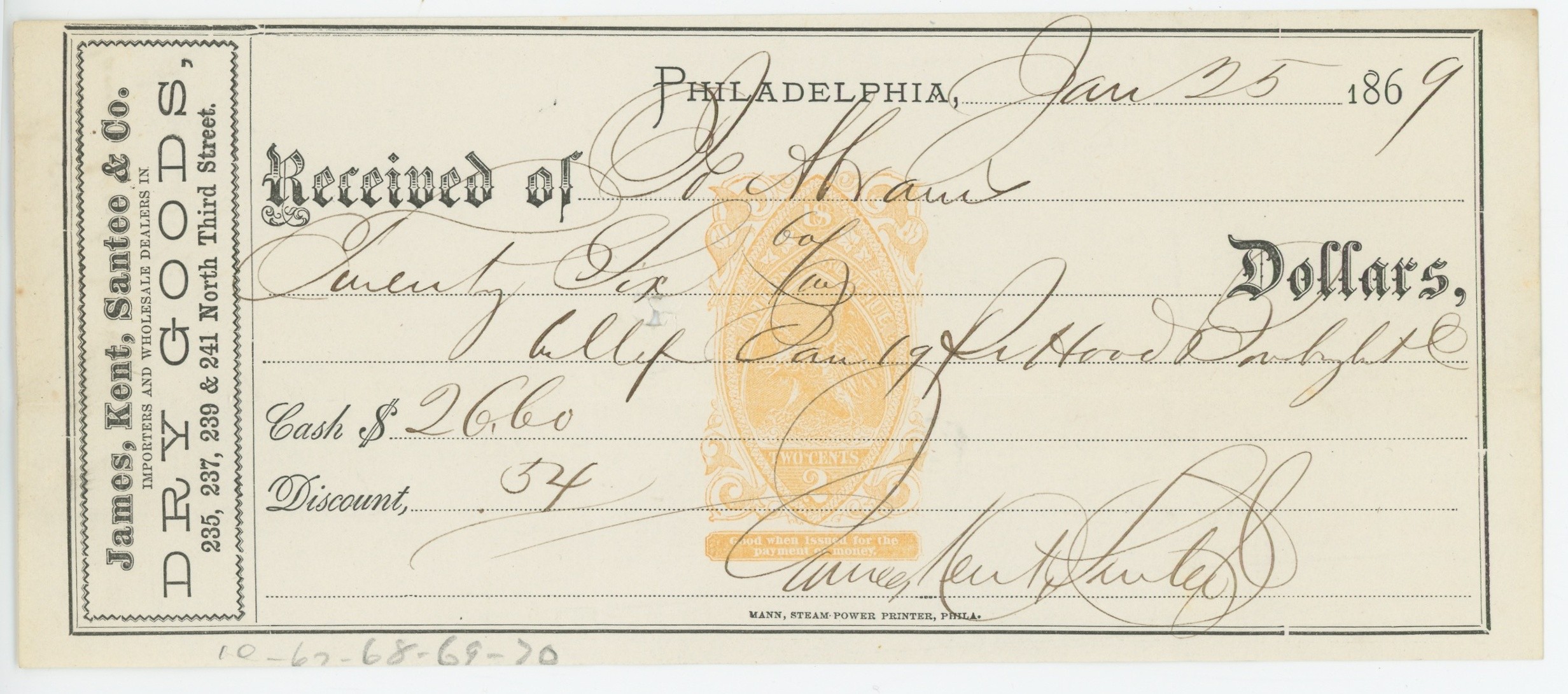RN-B20 on James, Kent, Santee & Co. Receipt