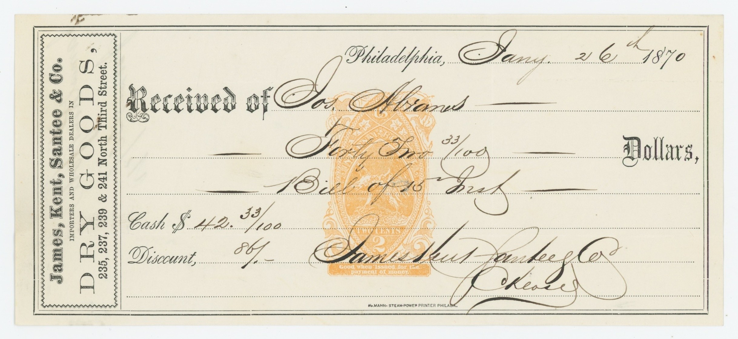 RN-B20 on James, Kent, Santee & Co. Receipt