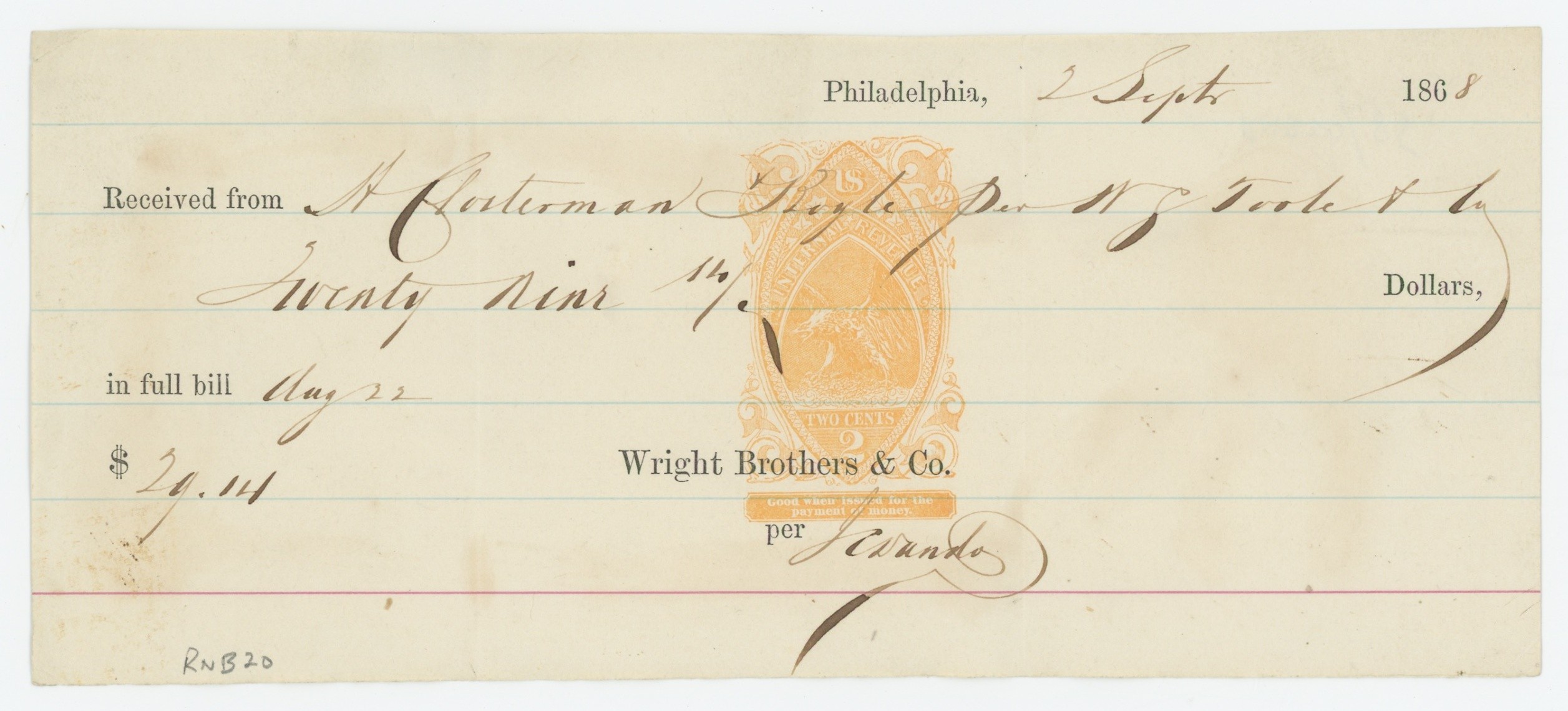 RN-B20 on Wright Brothers & Co. Receipt